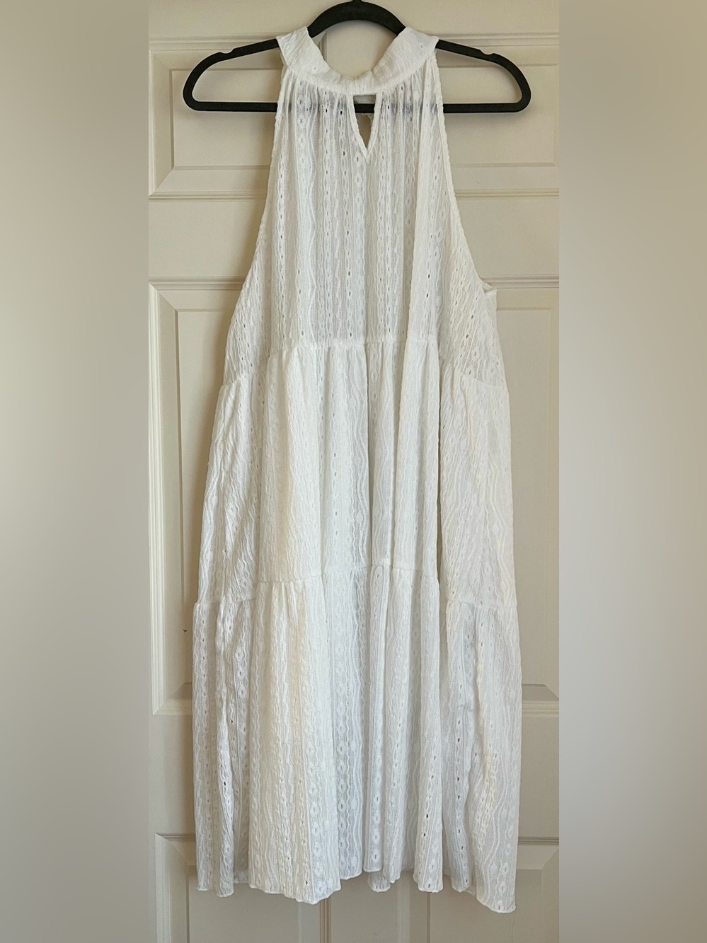 White Gauzy Eyelet Halter Midi Dress